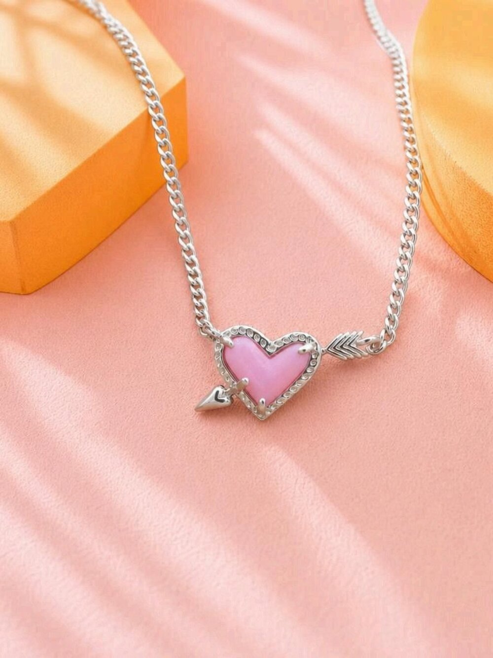Kendra Scott Ari Heart Arrow Silver Pink Opalescent Resin Necklace
